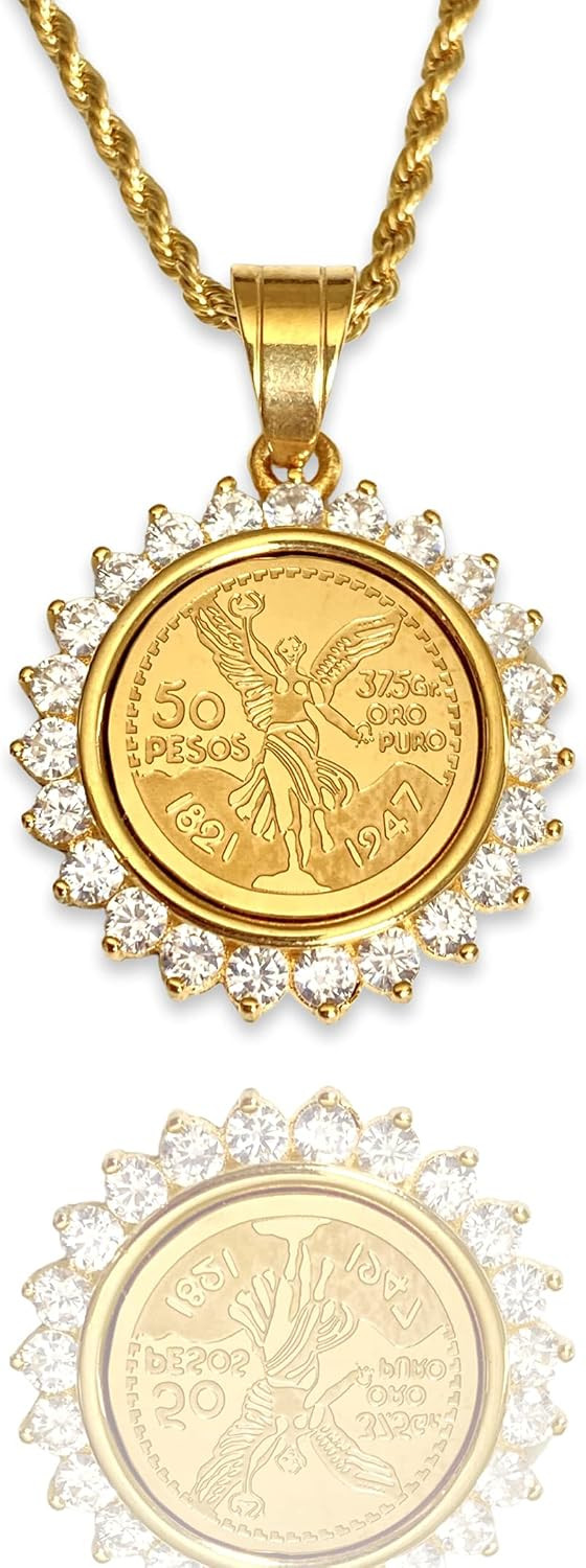 Round Mexican Peso Coin Necklace Men Women, 14k Gold Finish Centenario Pendant, Stainless Steel Chain, Iced Jewelry Gift | Amazon (US)