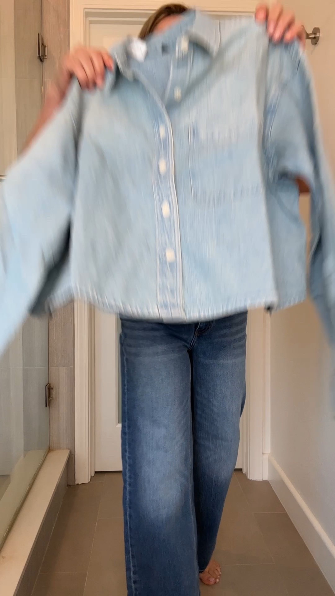 The cropped denim shirt is over sized. I sized down one size to a small. All else runs tts 

#LTKOver40 #LTKgrwm #LTKMidsize