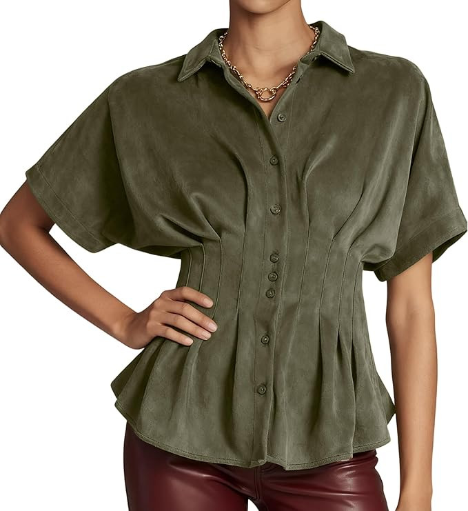Women's Casual Faux Suede Shirt Short Sleeves Blouse Button Down Peplum Tops | Amazon (US)