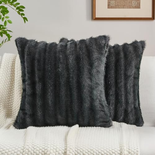 FUTEI Dark Grey Pink Decorative Throw Pillow Covers 18x18 Inch Set of 2,Soft Fluffy Faux Mink Fur... | Amazon (US)