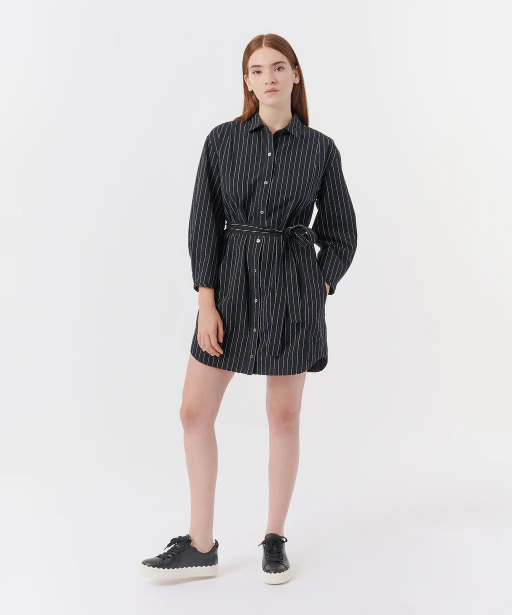 Pinstripe Cotton Poplin Long Sleeve Shirt Dress - Black | ATM Collection
