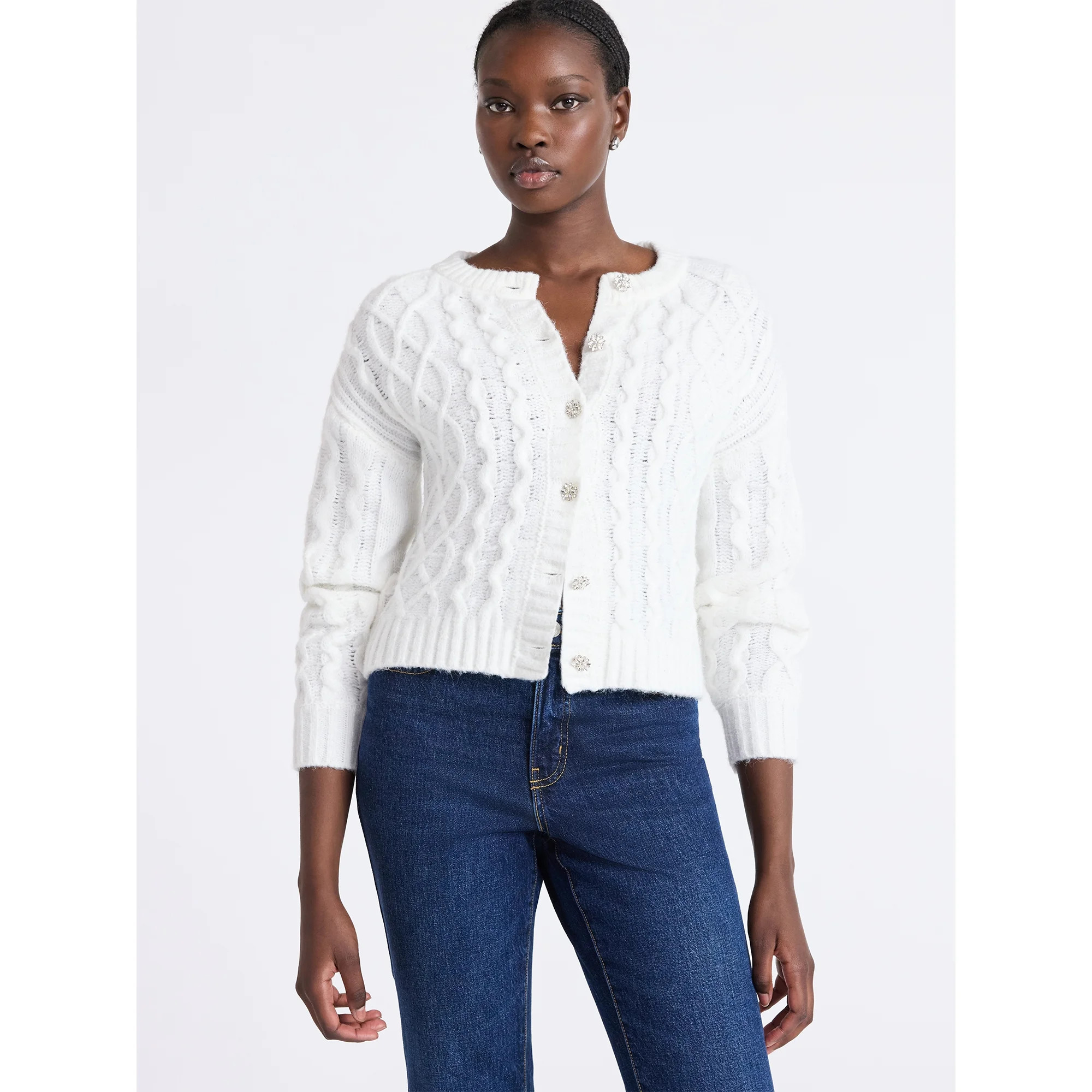 Free Assembly Women's and Women's Plus Cropped Cable Cardigan Sweater, Midweight, Sizes XS-4X | Walmart (US)