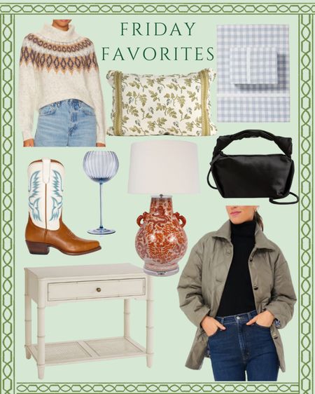 Friday favorites! 💫

Cowgirl boots, wine glass, holiday bag, jcrew sale, winter coat, bedside table, nightstand, sheets, throw pillow, table lamp, sweater 

#LTKHoliday #LTKstyletip #LTKSeasonal