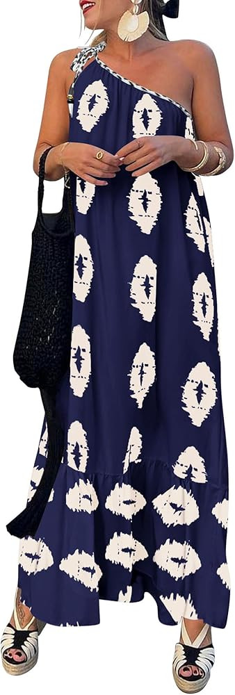 PRETTYGARDEN Women's 2026 Summer One Shoulder Maxi Dress Printed Flowy Boho Long Sundresses Sprin... | Amazon (US)