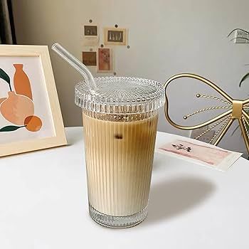 YAHUIPEIUS Glass Tumbler Stripe Glass Cup Coffee Cup With Lid and Straw Drinking Glasses for Wate... | Amazon (US)