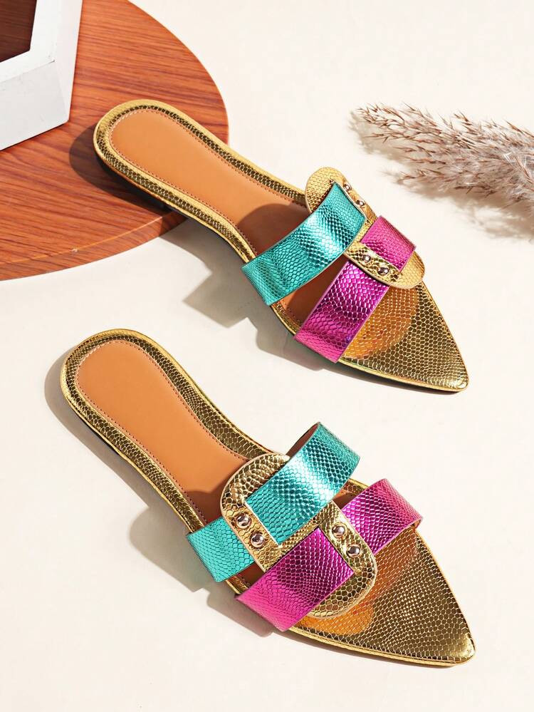 European And American Dopamine Color-Blocking Snake Skin Pattern Flat Slide Sandals, Slip-On Mule... | SHEIN