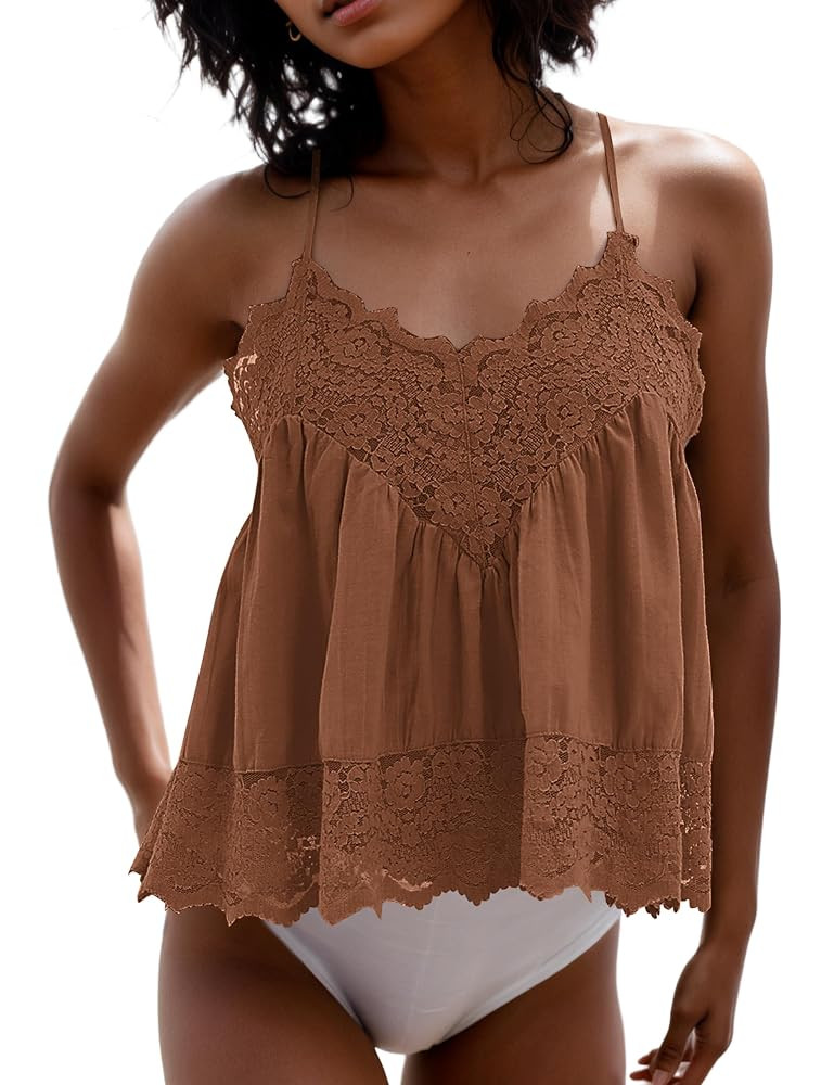 MISSACTIVER Women's Lace Trim Spaghetti Strap Cami Top Scalloped Hem Sleeveless Backless V Neck R... | Amazon (US)