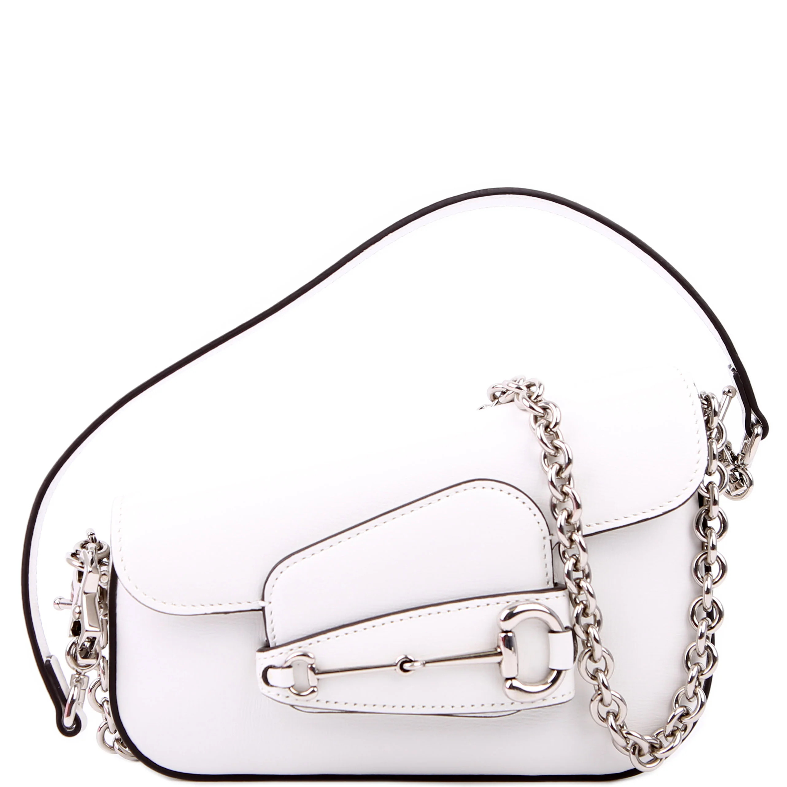 764155 Horsebit 1955 GG Leather Asymmetric Shoulder White | Keeks Designer Handbags
