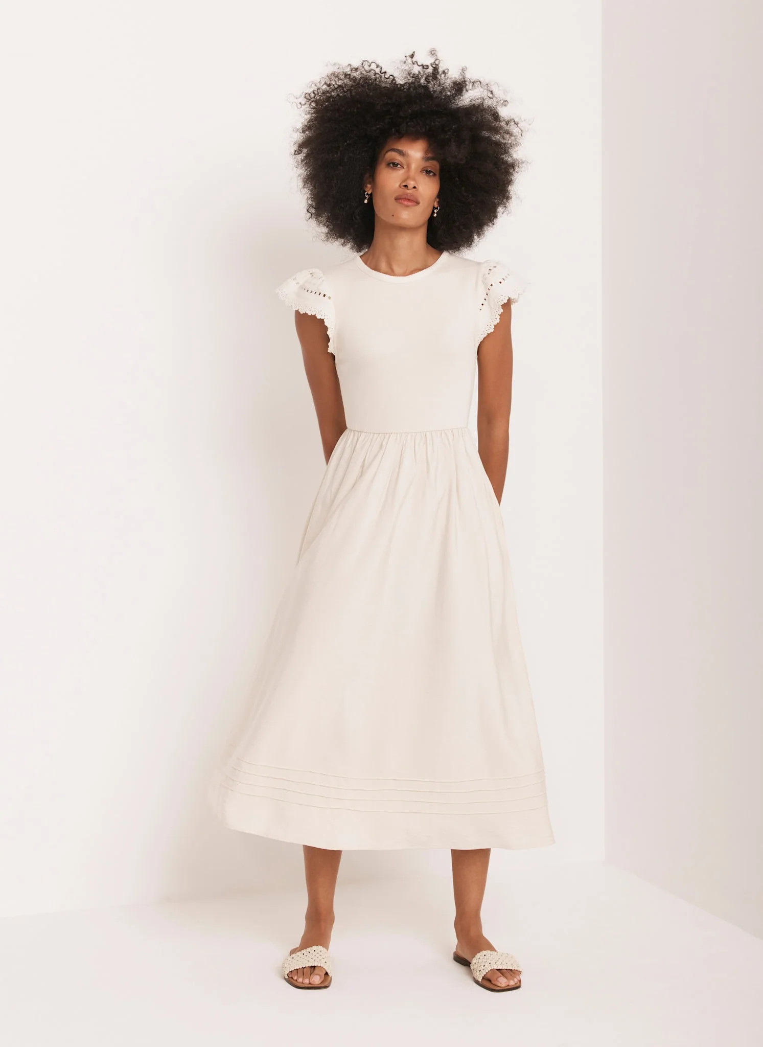 Neutral Crochet Trim Woven Jersey Midi Dress | Mint Velvet