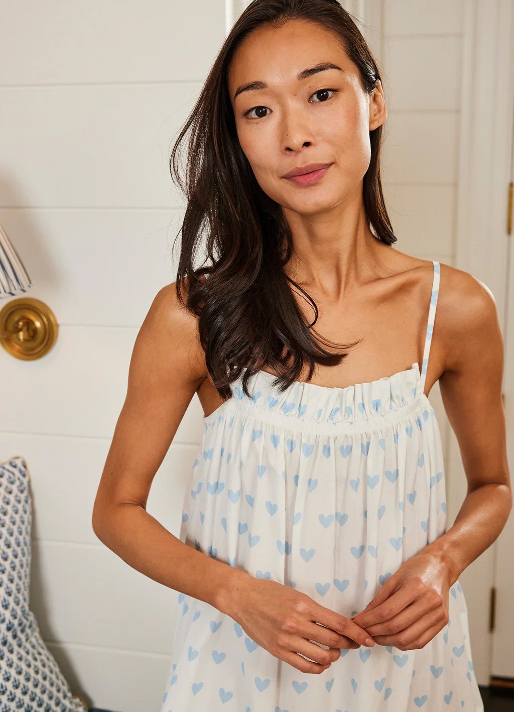 Poplin Ruffle Midi Nightgown in French Blue Heart | Lake Pajamas