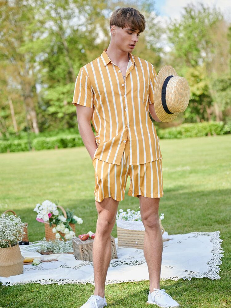 Men Random Striped Print Button Front Shirt With Drawstring Waist Shorts
       
              
 ... | SHEIN