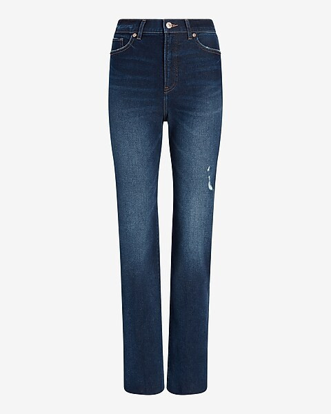 Super High Waisted Dark Wash Raw Hem Modern Straight Jeans | Express