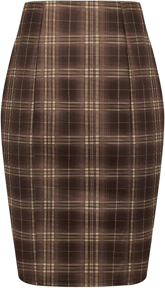 Kate Kasin Womens Knee Length Elastic Waist Stretchy Bodycon Plaid Business Pencil Skirt | Amazon (US)