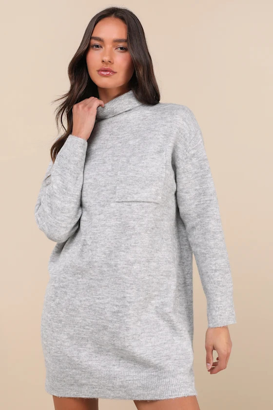 Positively Charming Heather Grey Turtleneck Mini Sweater Dress | Lulus