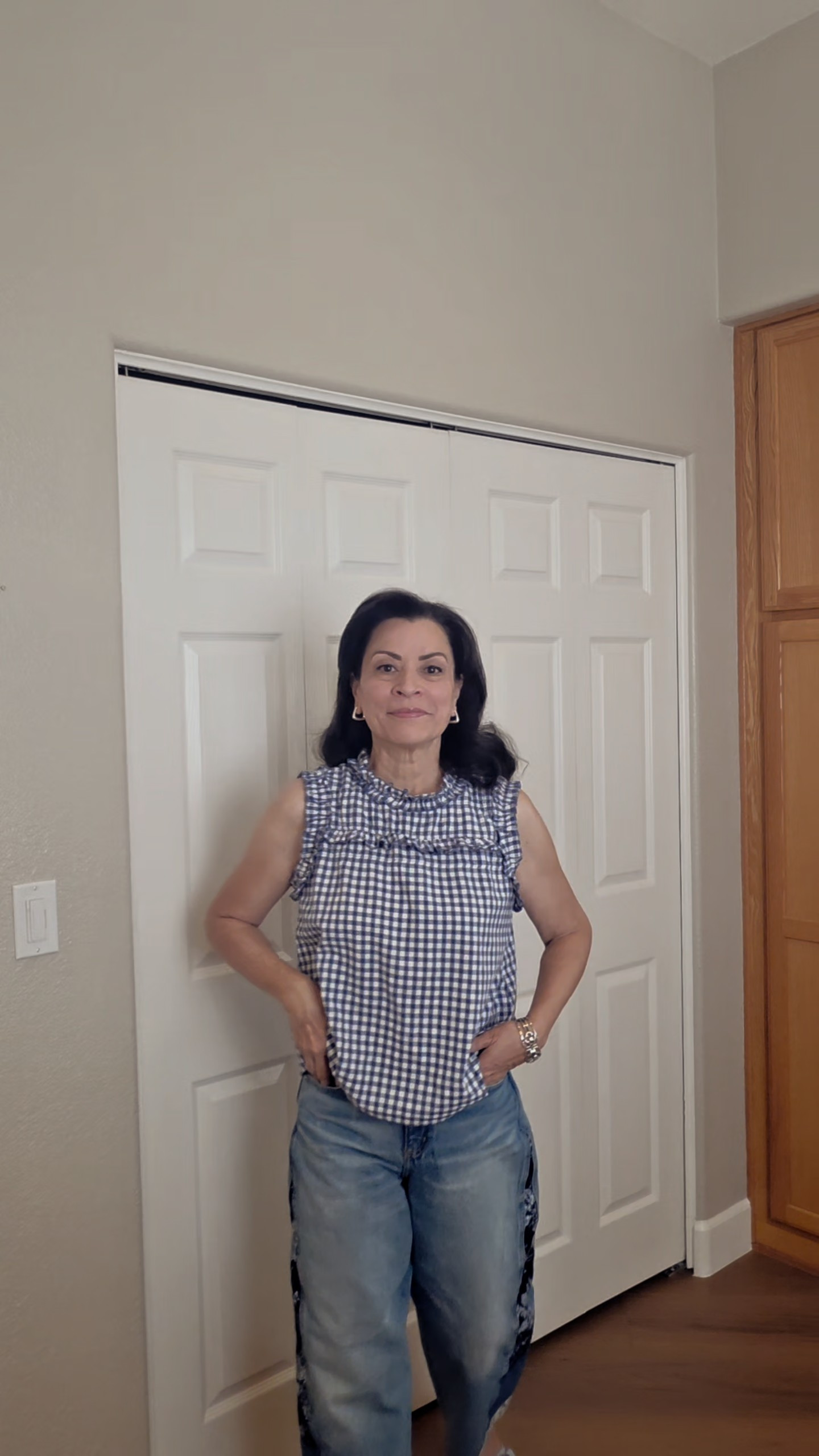 The perfect summer outfit!Gingham top in blue - medium comes in lots of colors. Barrel jeans with unique accents sz. 4 and blue sandals in sz. 9, also some in other colors. 💙🩵♥️#gingham #summeroutfits#midlifefashion#fabulousnotfrumpy 

#LTKgrwm #LTKOver40 #LTKSaleAlert