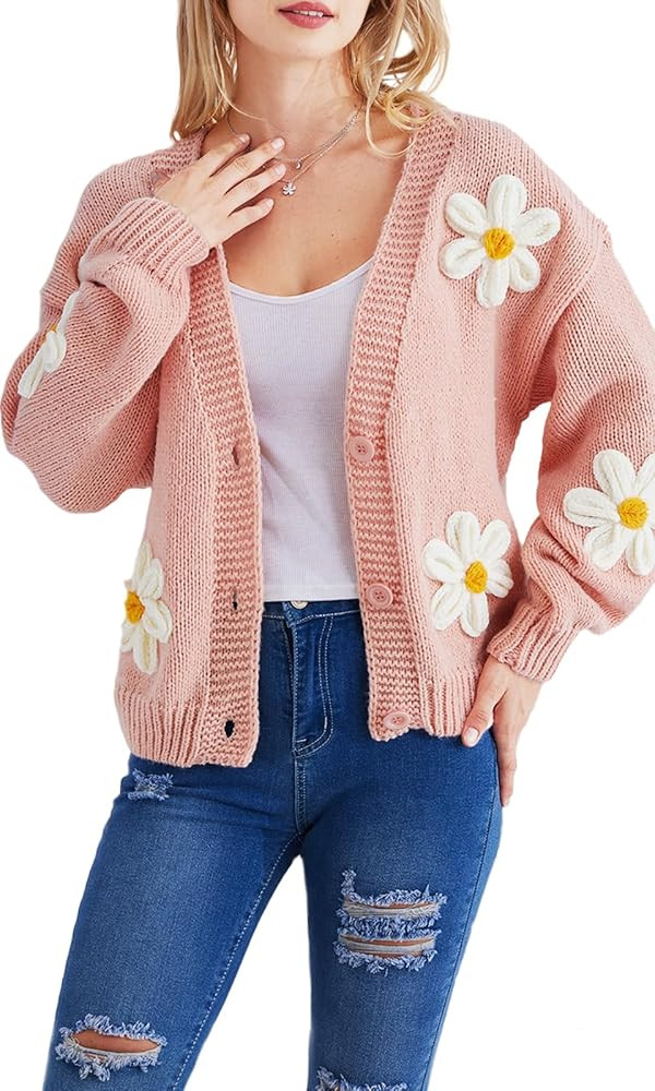 Y2k Sweater Cardigan for Women, Long Sleeve V-Neck Button Crochet Flower Knit Womens Clothes. | Amazon (US)