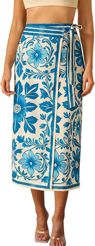 Womens Floral Wrap Midi Skirt Summer Adjustable Tie Side Casual High Waist A Line Beach Boho Long... | Amazon (US)