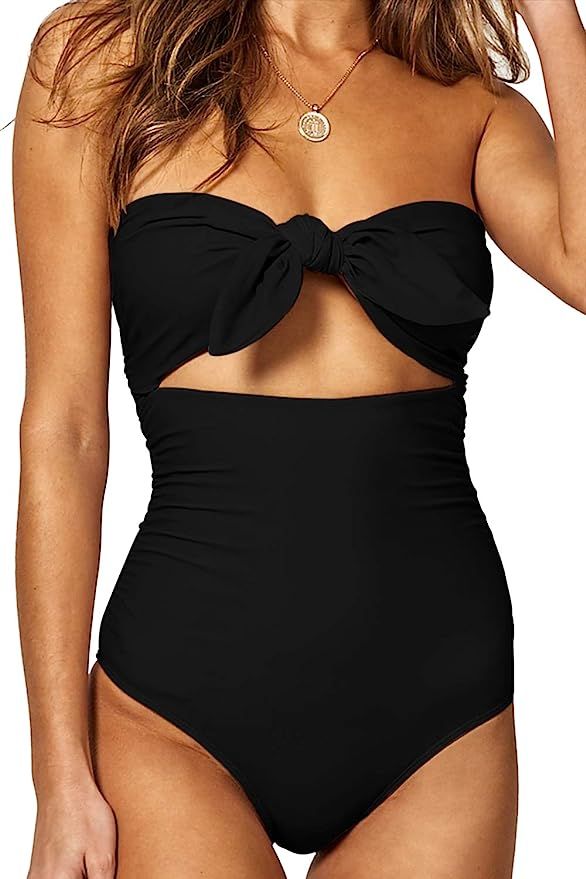 QINSEN Womens Sexy Strapless Tie Knot Front High Waist One Piece Swimsuit | Amazon (US)