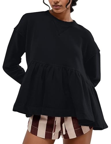 Lenader Women Babydoll Sweatshirt Ruffled Hem Cute Sweatshirts Crew Neck Ruffle Long Sleeve Peplum Pullover Black | Amazon (US)
