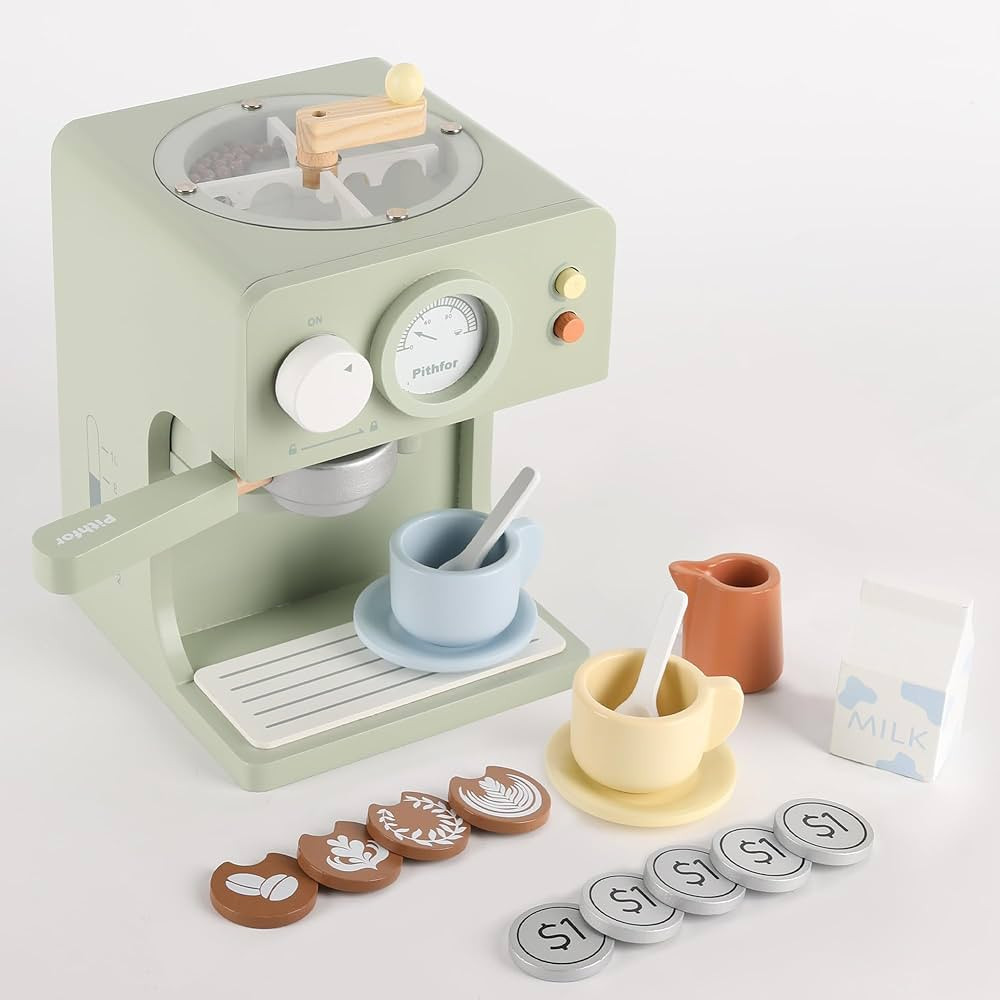 Kids Wooden Coffee Maker Toy with Grinder, Pretend Play Kitchen Appliances & Accessories Toy Gift... | Amazon (US)