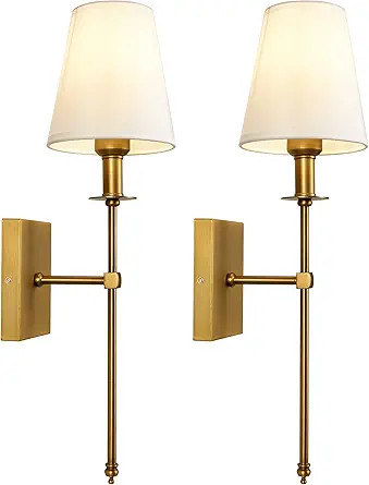 TERLEENART Modern Antique Brass Wall Sconce Set of 2 with White Fabric Shade and Long Slim Arm,Wa... | Amazon (US)