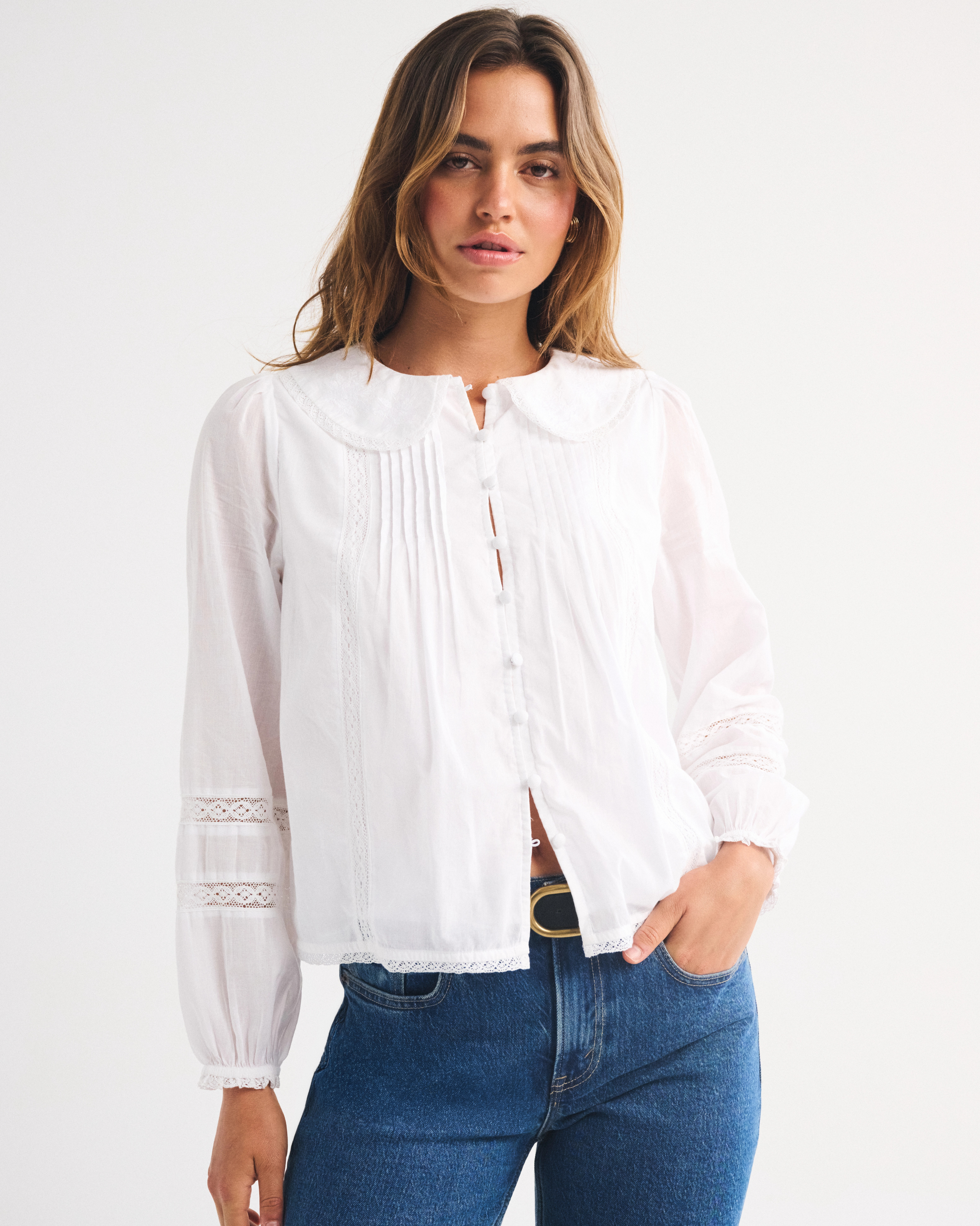 100% Cotton Long-Sleeve Lace-Trim Collared  Blouse | Abercrombie & Fitch (US)