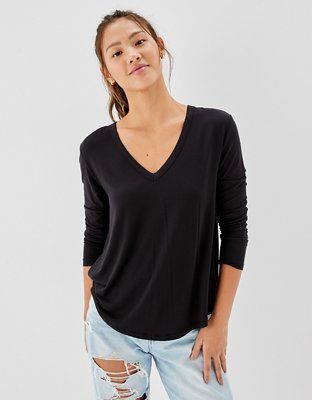 AE Oversized Soft & Sexy Long-Sleeve V-Neck T-Shirt | American Eagle Outfitters (US & CA)