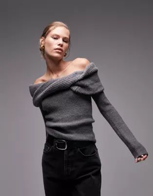 Topshop knit chunky twist bardot top in charcoal | ASOS (Global)