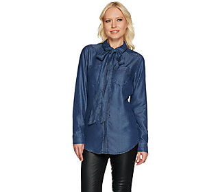 As Is Isaac Mizrahi Live! TRUE DENIM Detach.Tie Neck Blouse | QVC