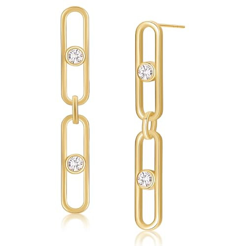 shinelab Gold Earrings for Women CZ Paperclip Drop Dangle Earrings, Sterling Silver Posts, Hypoallergenic Studs for Women Trendy Designer Jewelry | Amazon (US)