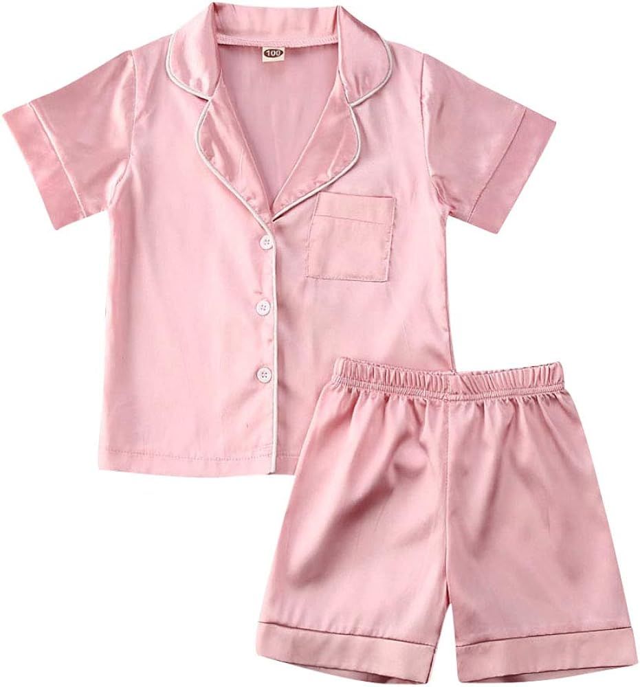 2-Piece Toddler Girl Silk Pajamas Set Cow Print Short Sleeve Button-Up Shirt and Shorts Satin Sum... | Amazon (US)