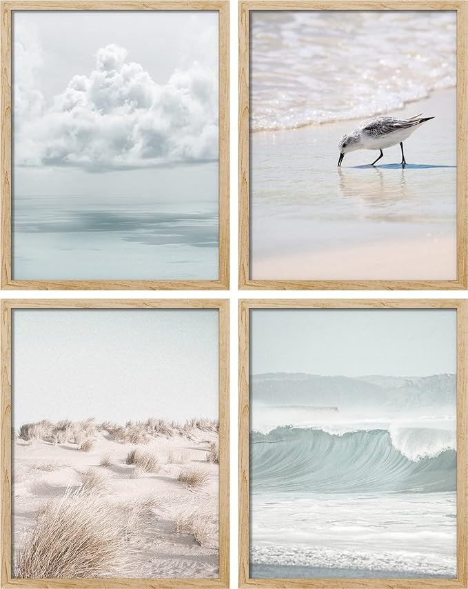 SIGNWIN Framed White Nautical Ocean Sea Beach Grass Seagull Wall Art, Set of 4 Landscape Colorful... | Amazon (US)