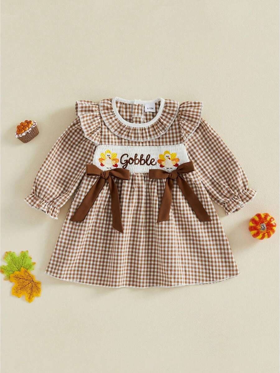 LocalToddler Baby Girls Thanksgiving Dress Cute Long Sleeve Round Neck Plaid A-Line Dresses Fall ... | SHEIN