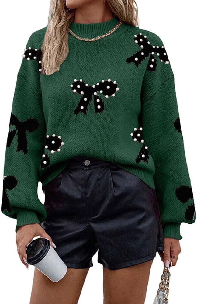 Melliflo Women's Cute Pearl Bow Sweater Fall Lantern Long Sleeve Mock Neck Knit Sweater Casual Lo... | Amazon (US)