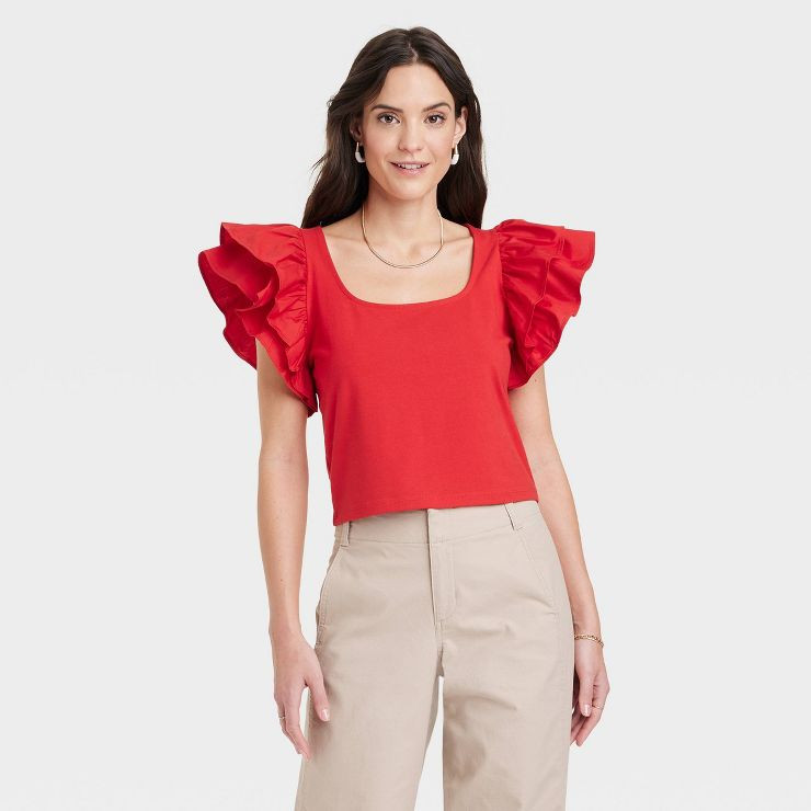 Women's Double Flutter Short Sleeve Slim Fit Top - A New Day™ | Target