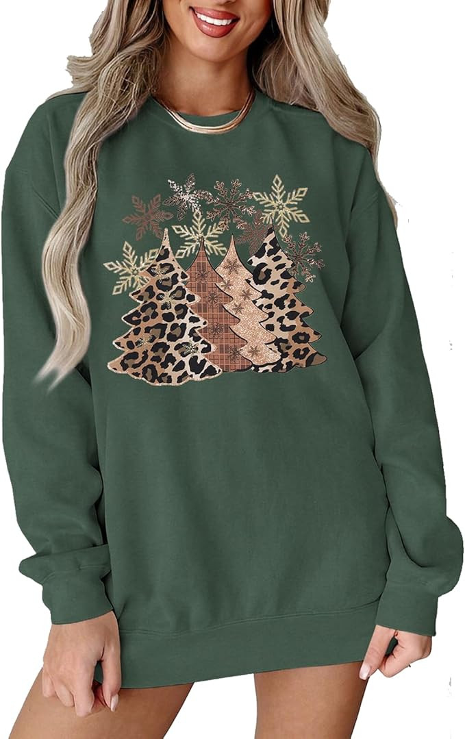 BOUTIKOME Christmas Tree Sweatshirt Women Sparkle Leopard Xmas Tree Snowflake Graphic Shirt Crewn... | Amazon (US)
