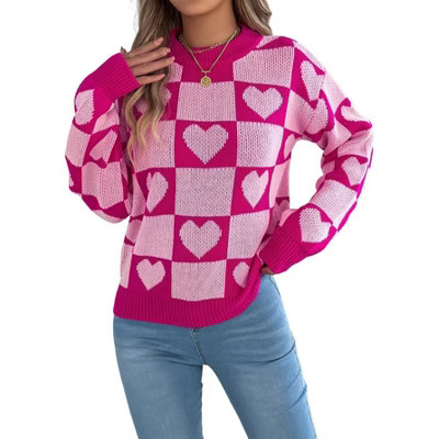 Coolmee Women's Checkered Holiday Sweater Cute Plaid Print Crewneck Sweatshirt Knit Puff Sleeve Chunky Jumpers Pink S | Target