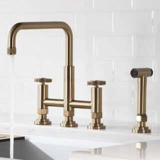 KRAUS Urbix Transitional 2-Handle Bridge Kitchen Faucet with Side Sprayer in Brushed Gold-KPF-312... | The Home Depot