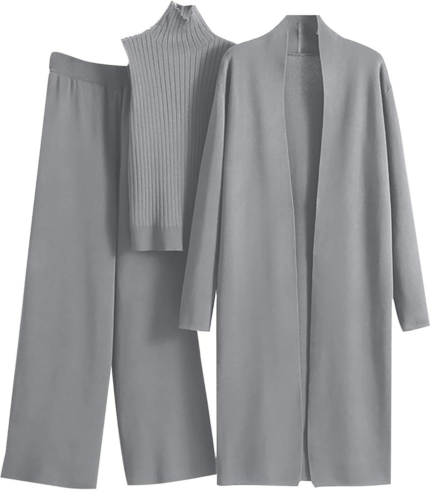Women's 3 Piece Knit Lounge Set, Long Sleeve Cardigan Sleeveless Turtleneck Tank Top and Wide Leg... | Amazon (US)