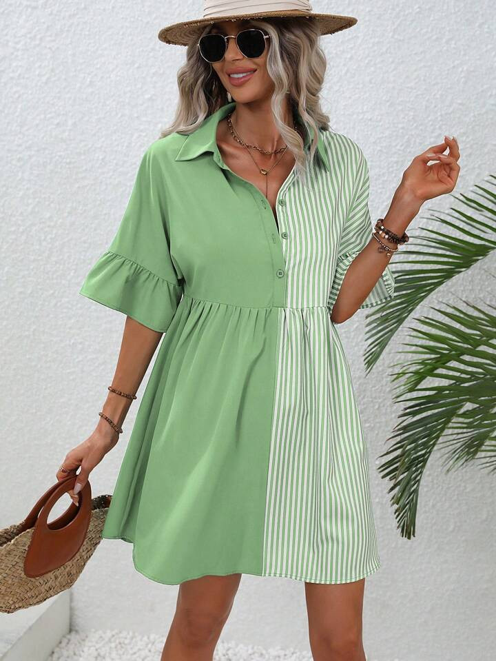 SHEIN Essnce Women's Striped Short Sleeve Shirt Dress, Suitable For Summer | SHEIN