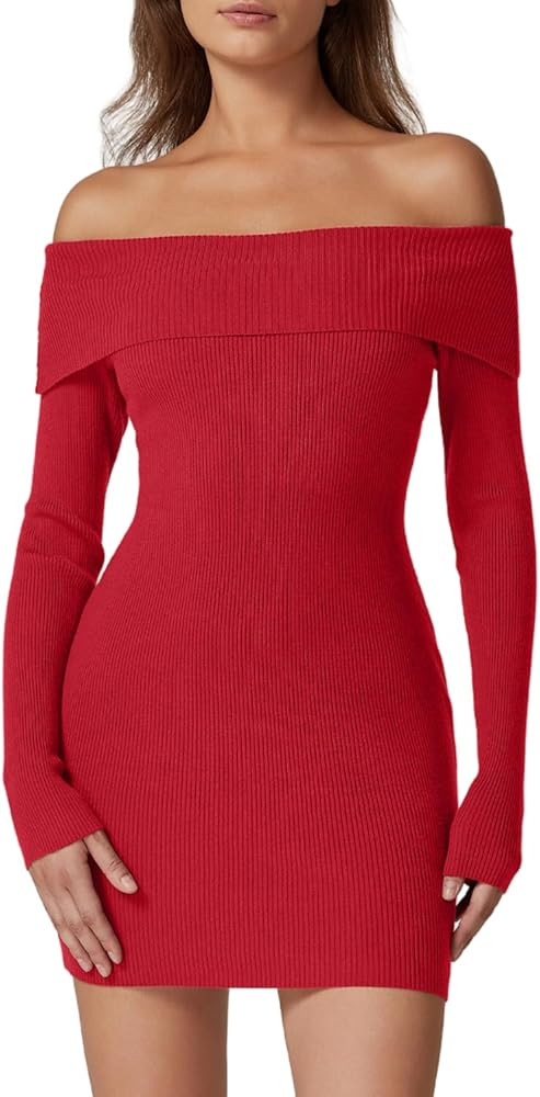 QINSEN Women's Off The Shoulder Ribbed Knit Sweater Dress Folded Neck Long Sleeve Mini Dress 2024... | Amazon (US)