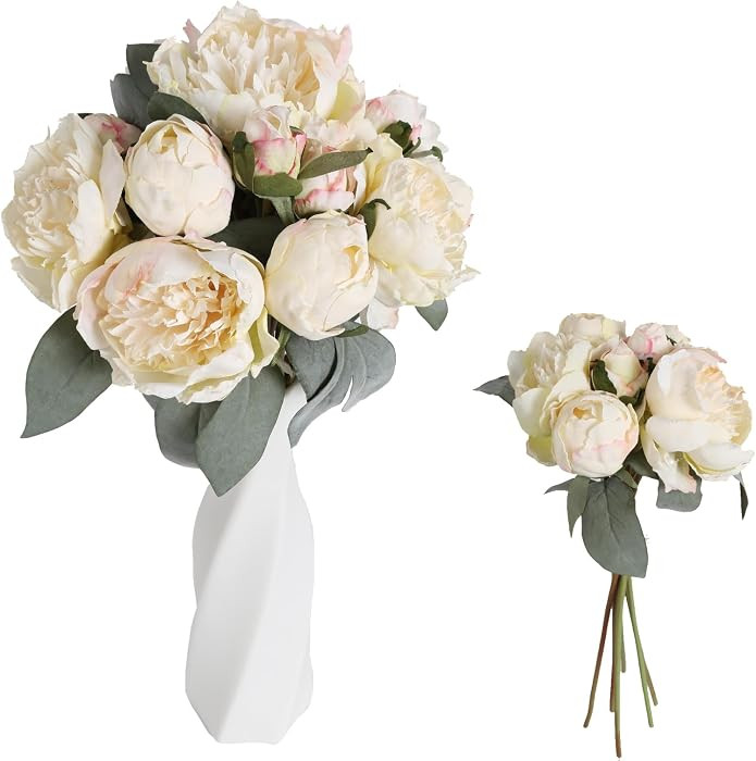 White Artificial Peonies 2 Bouquets Silk Flowers 14Heads Vintage White Fake Flowers Faux Peony Fl... | Amazon (US)