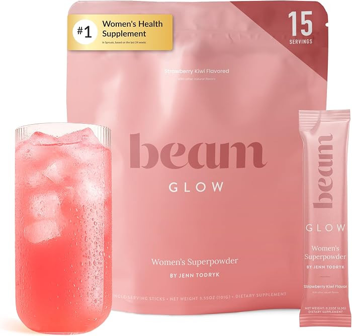 BEAM Glow Hormone Support & Cortisol Supplement for Women - Daily Vitamins for Women with Ashwagandha, Selenium, Zinc, Vitamin A, for Cycle Health, Mood & Energy, Strawberry Kiwi, 15 Servings | Amazon (US)