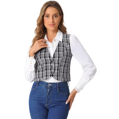 INSPIRE CHIC Women's Vintage Plaid V Neck Single Breasted Sleeveless Vest Medium Black White | Target
