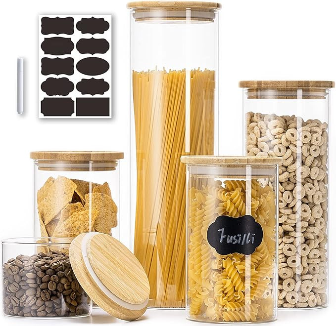 Glass Jars with Bamboo Lids, Glass Food Storage Jars with Wood Lids for Pantry, Glass Canisters S... | Amazon (US)