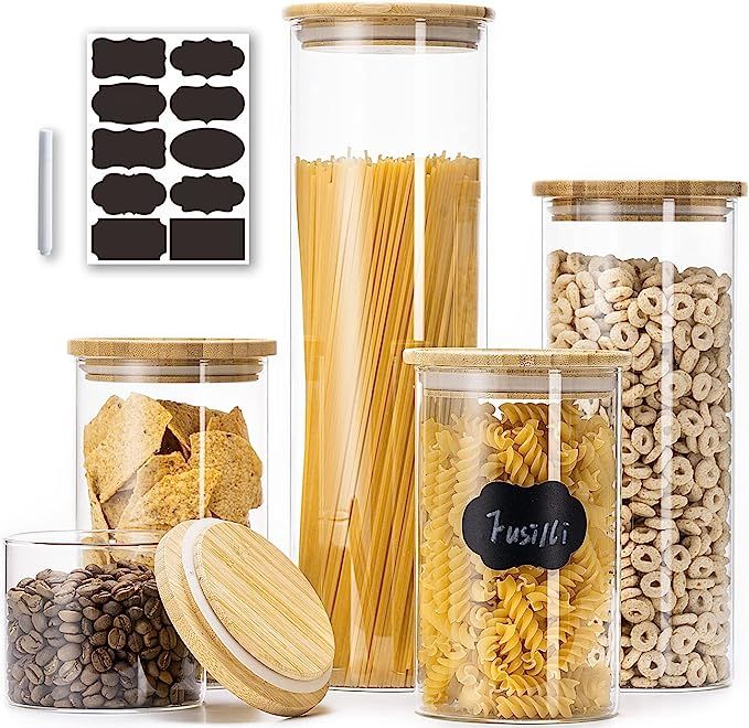 Glass Jars with Bamboo Lids, Glass Food Storage Jars with Wood Lids for Pantry, Glass Canisters S... | Amazon (US)