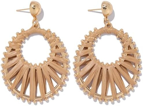 Gold Raffia Earrings Boho Summer Beach Jewelry Trendy Statement Dangle Drop Earrings for Women | Amazon (US)