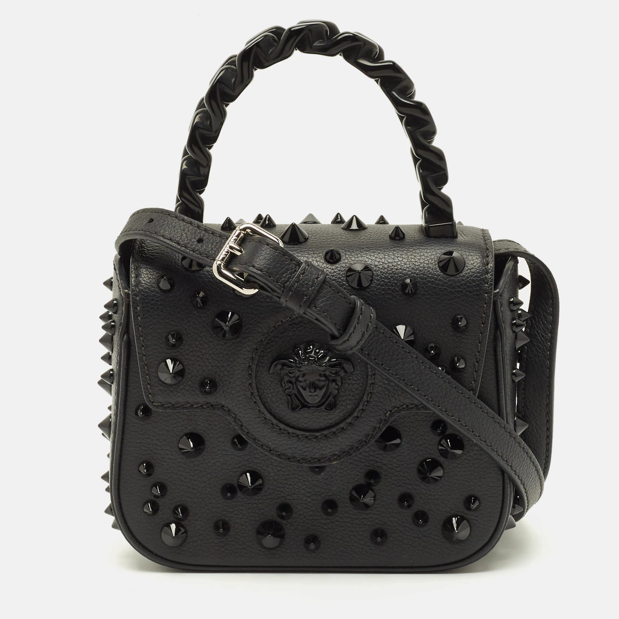 Versace Studded La Medusa Mini Black Leather Top Handle Bag | Shop Simon