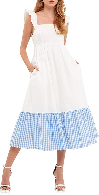 English Factory Women's Shoulder Ruffled Gingham Accent Midi Dress | Amazon (US)
