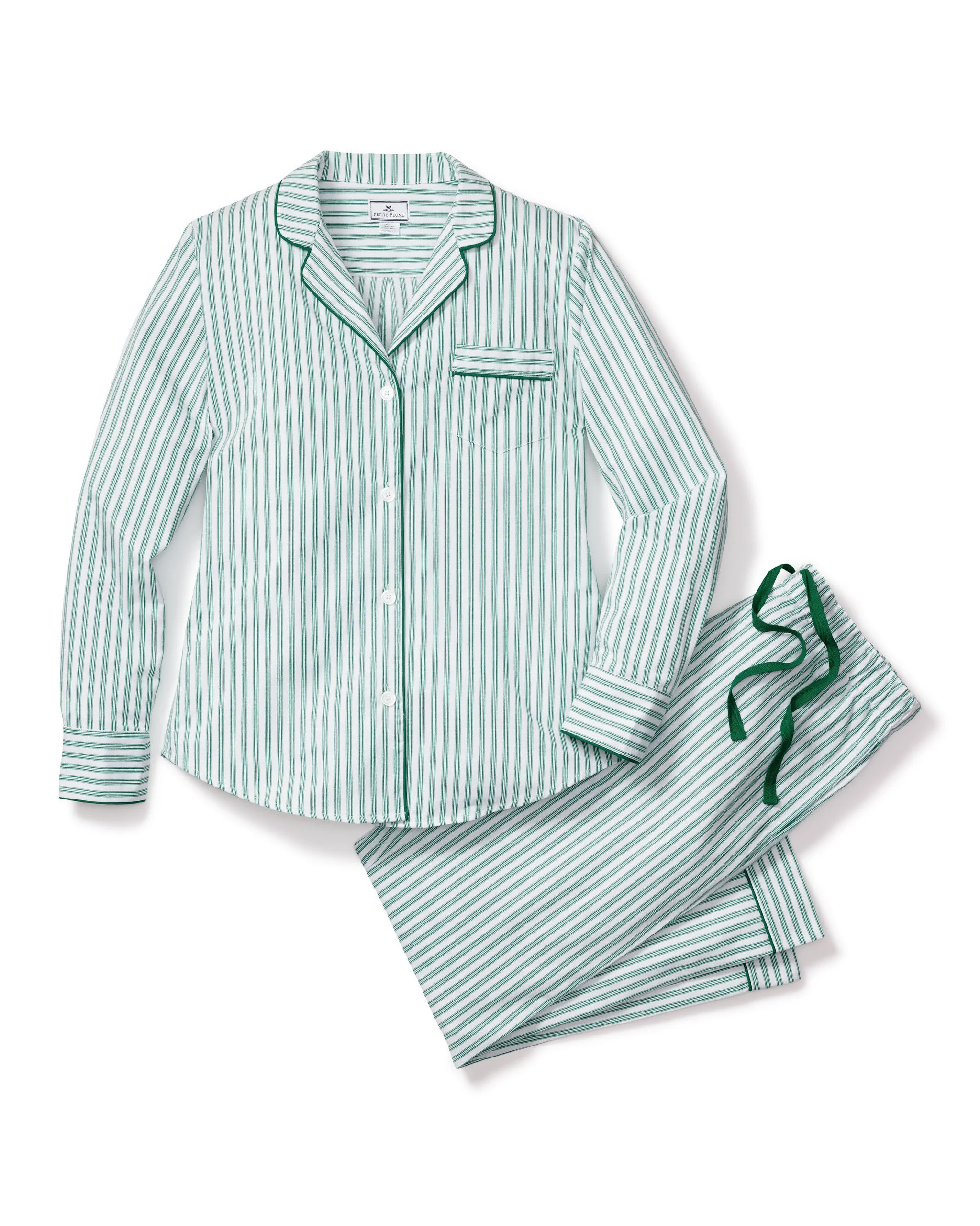 Women's Twill Pajama Set in Emerald Ticking | Petite Plume